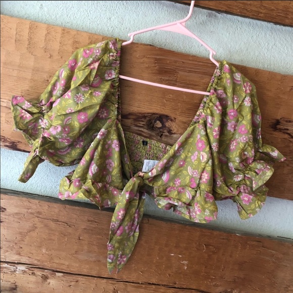 Boho Gypsy Dahlia Smocked Crop Peasant Top Floral gold mustard tie blouse - Picture 11 of 13